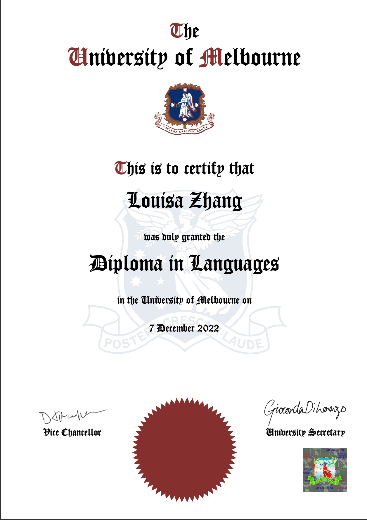 Diploma of Languages testamur